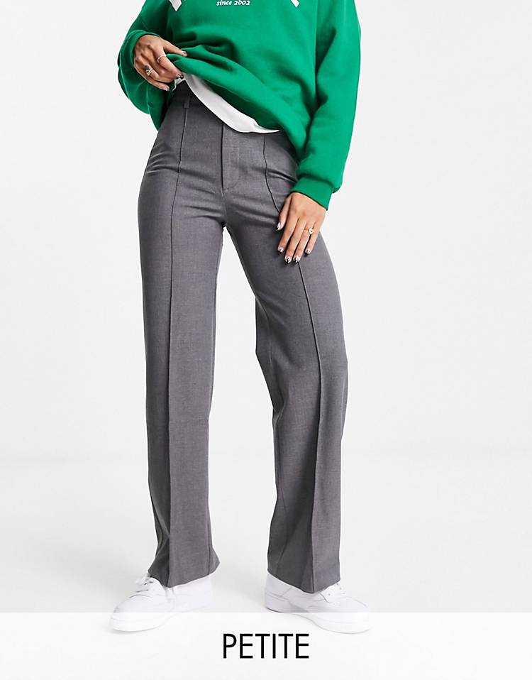 Pull&Bear Petite high rise tailored straight leg pants with front seam in gray